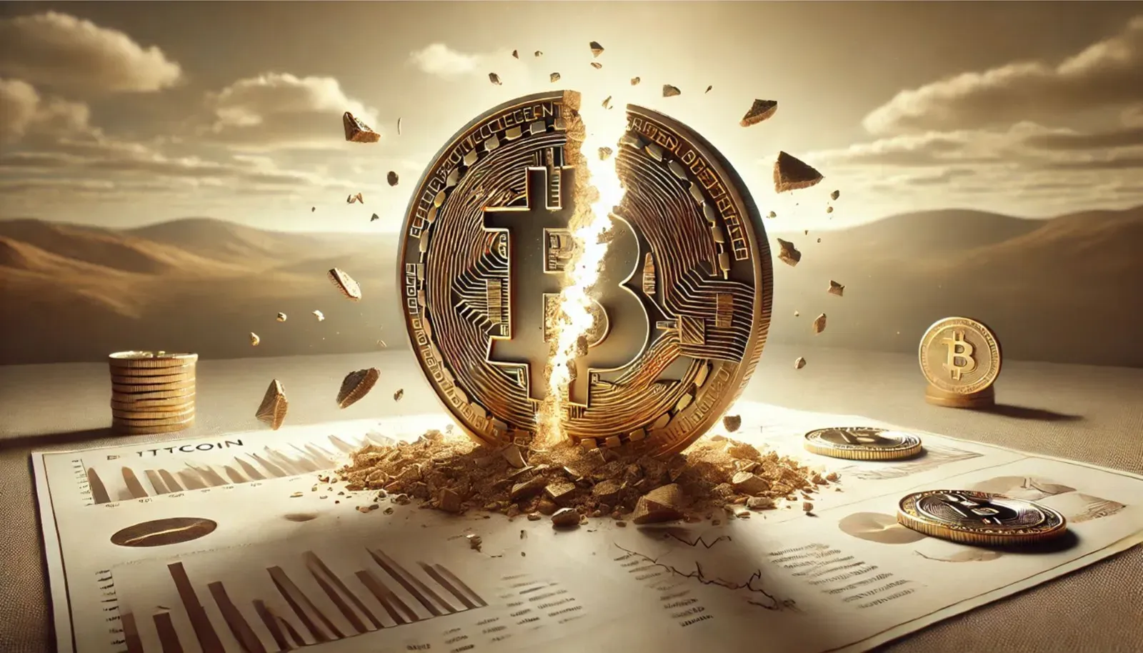 Representación dramática del halving de Bitcoin que muestra un Bitcoin cortado a la mitad.