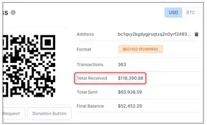 Figure 1: Blockchain.com's Blockchain Explorer showing a wallet's transactions, amounts received and sent, and final balance