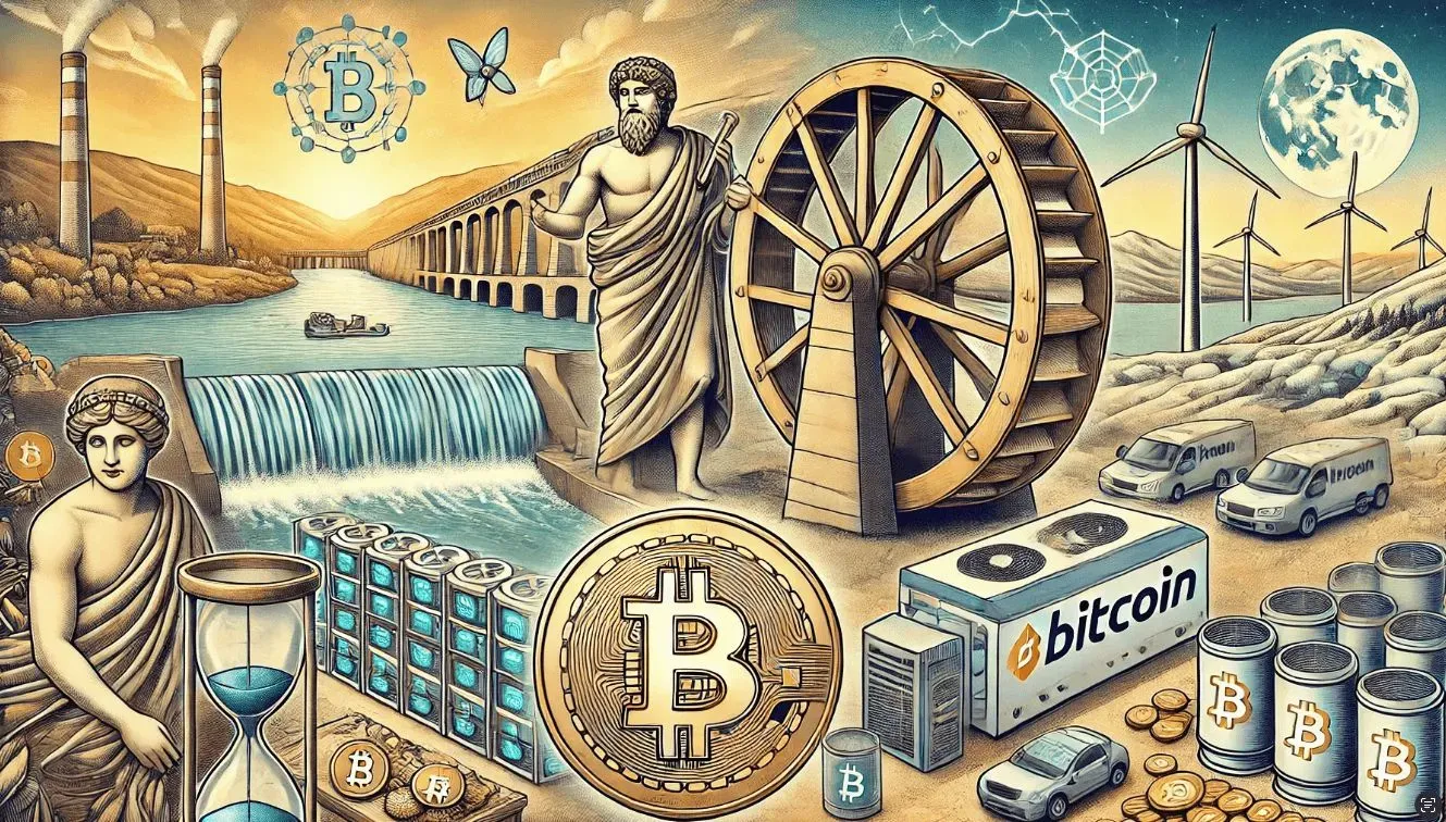 hydroelectric energy history, a dam, Bitcoin mining rigs, and renewable energy symbols