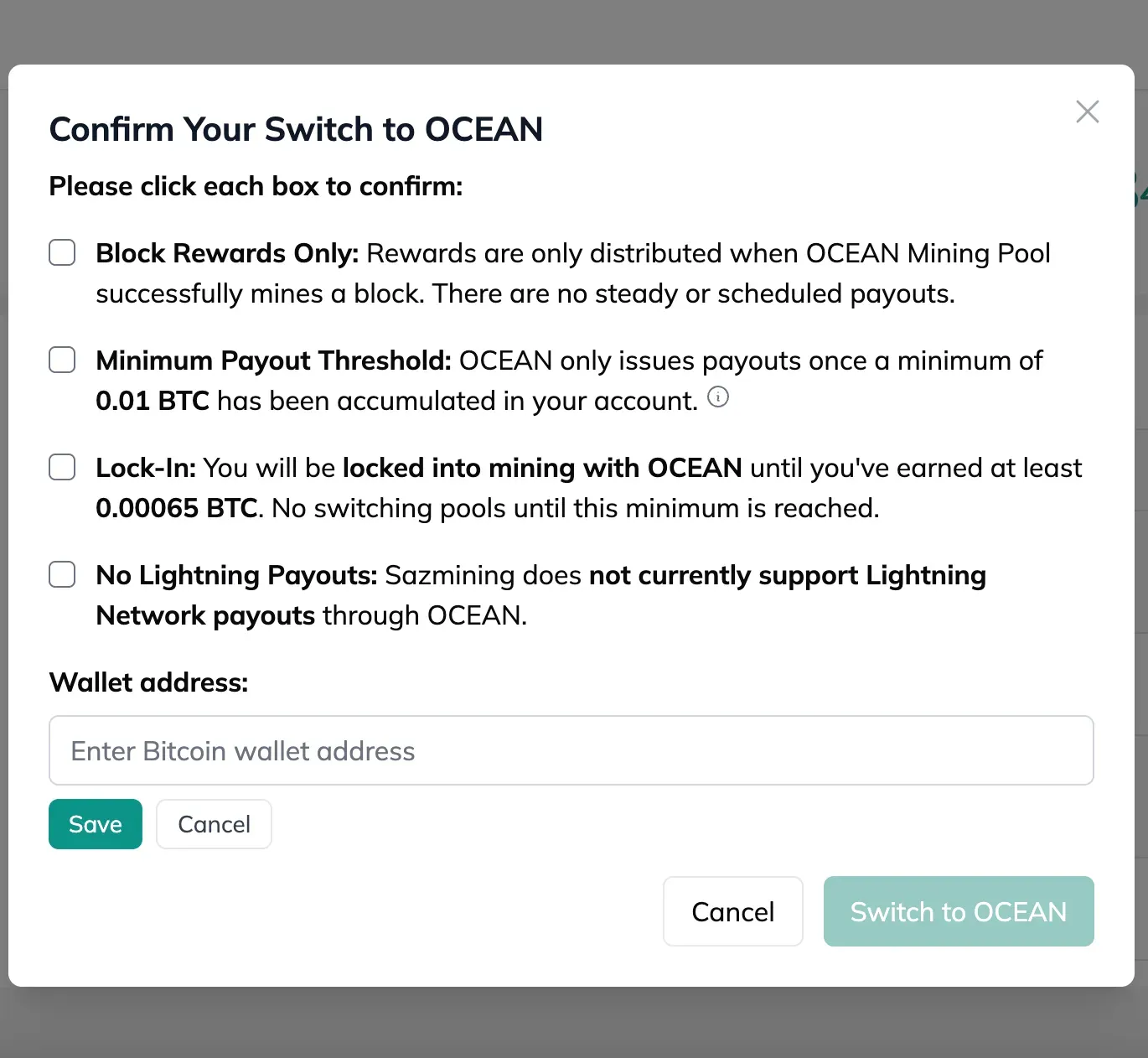 Dashboard steps for switching your mining pool to OCEAN