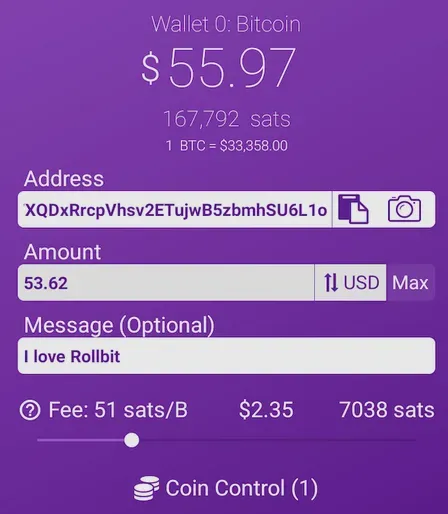 The Moonshine wallet interface for adding a message to a Bitcoin transaction