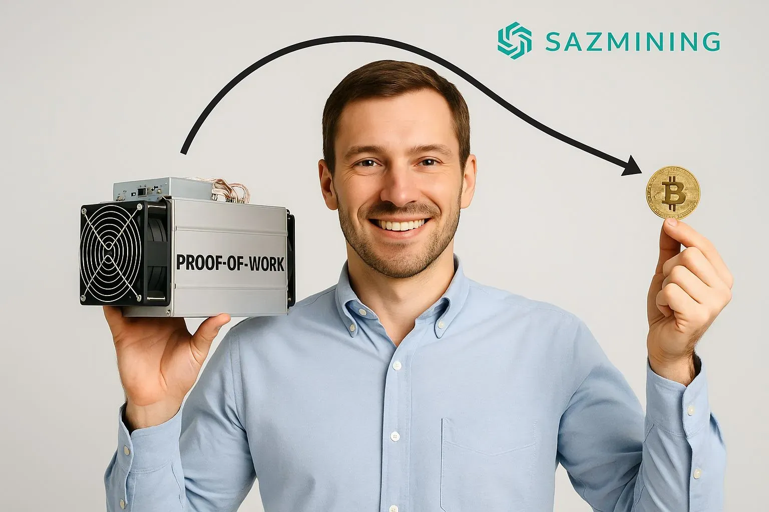 A smiling man holing an ASIC miner in one hand an a bitcoin in the other.