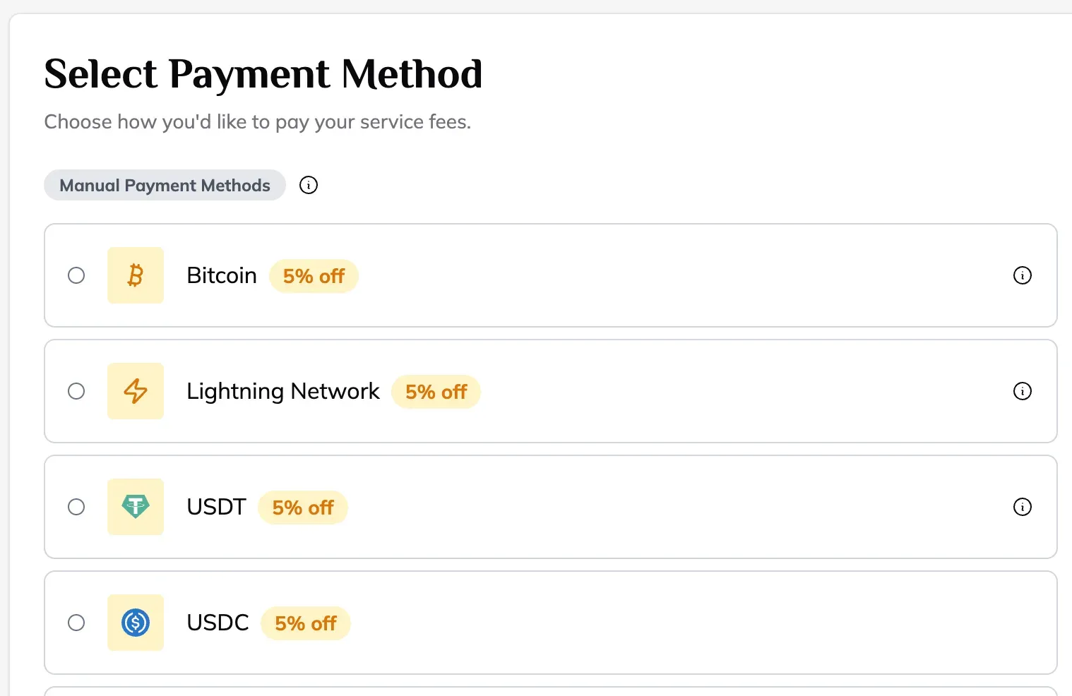 Checkout showing the 5% Bitcoin payment discount applied instantly
