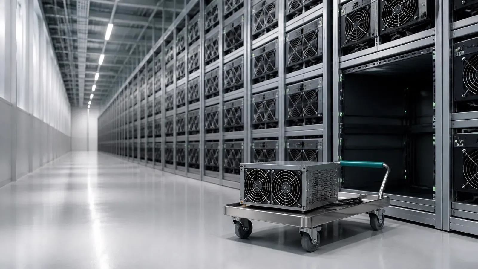 A row of running miners with one empty slot, the pulled unit on a trolley beside it.