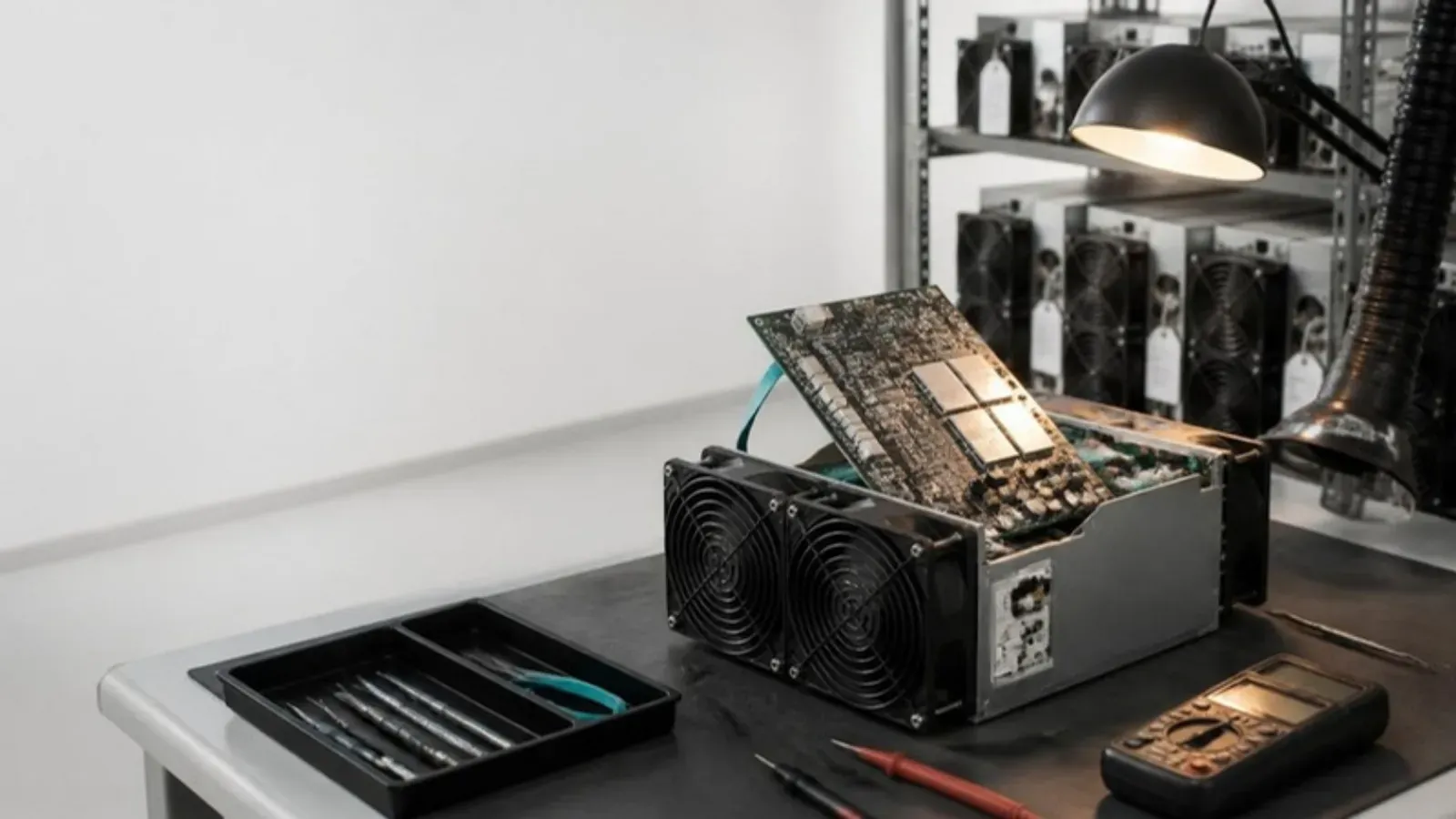 A miner opened up on a repair bench, with tagged units waiting behind it.