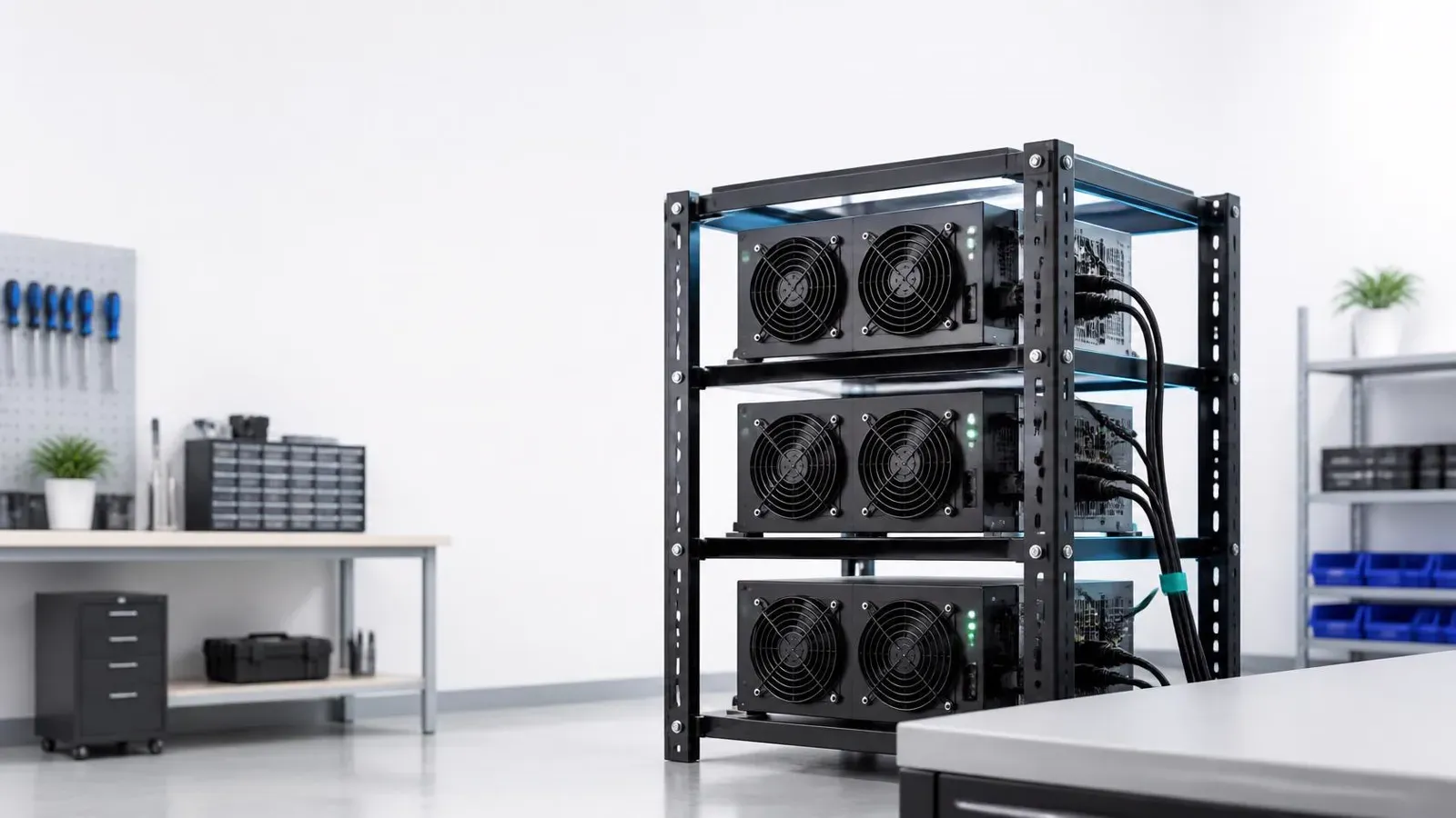 Three repaired miners running on a test rack before they go back into service.